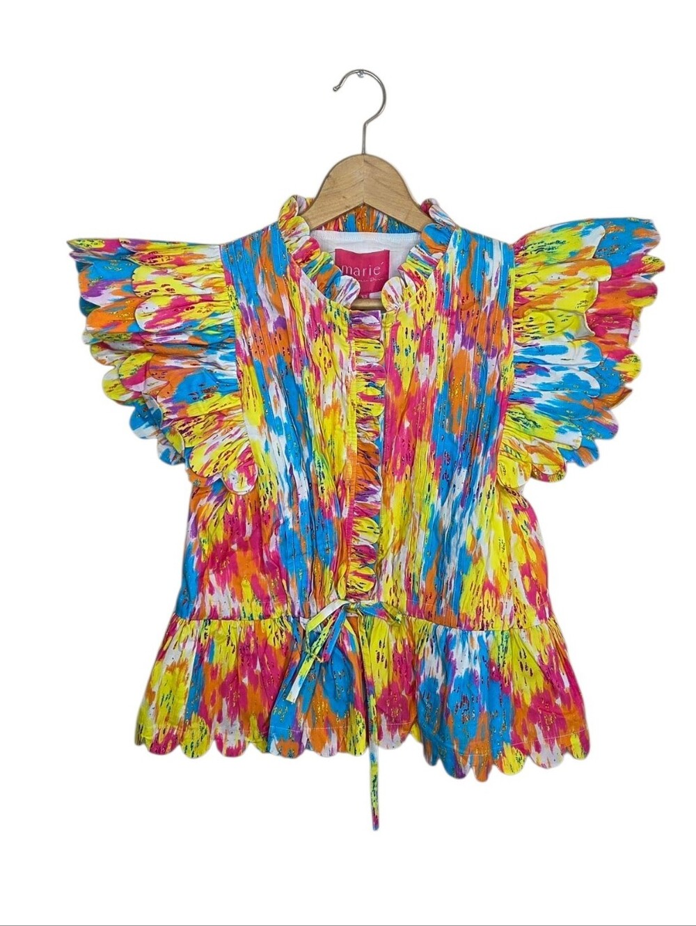 Marie Victoria Dunn Percy Peplum Colorful Scallop Flutter Sleeve Blouse Size XS